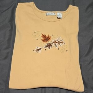 Bonnie Evans 1X Mustard Yellow 3/4 Sleeve Top with Leaf Embroidery